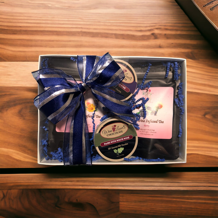 Wine Infused Tea & Chocolate Gift Box-Blue Bow